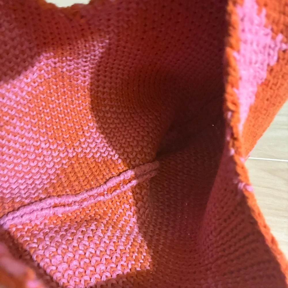 Kopari Knit Bag Crochet Circle Handbag Purse Woven Argyle 16x14 Pink/Orange Boho